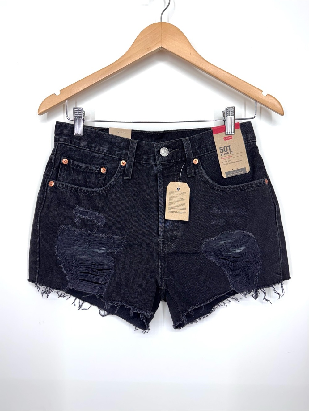 Levi’s 501 Black Denim Distressed High Rise Shorts 100% Cotton New Nwt Size 27